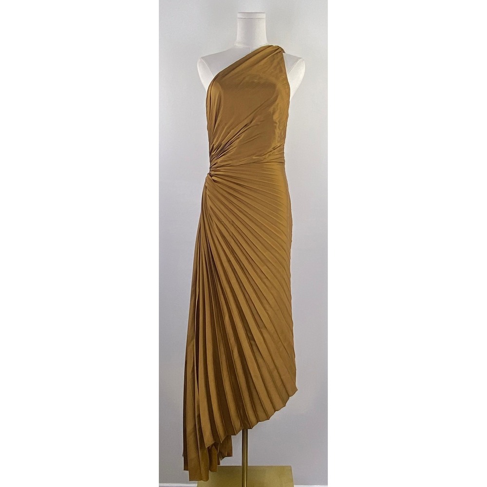 Petal & Pup Kleo Maxi Dress L Gold Ochre Asymmetric Satin Wedding Guest Formal